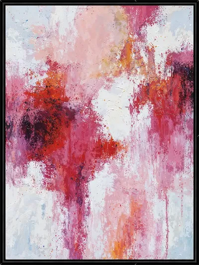 Картина Абстрактная композиция в розовых и красных тонах с яркими пятнами на белом фоне №2