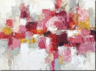 Картина маслом Абстракция с розовыми и желтыми элементами на светлом фоне