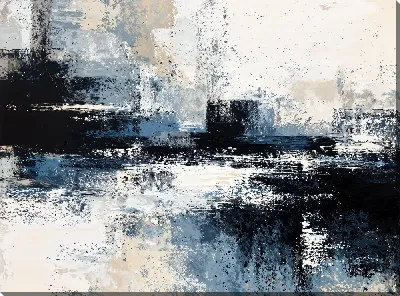 Картина маслом Абстракция черно-белая с синим №1