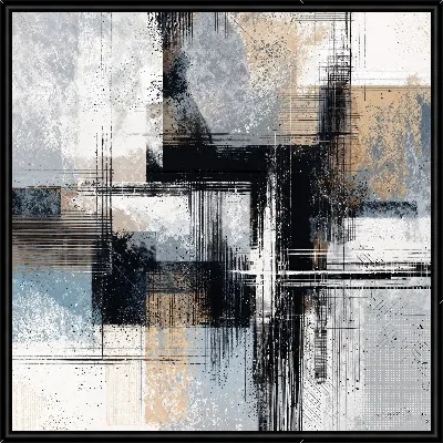 Картина Абстракция черно-белая с синим и бежевым №34