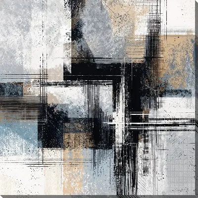 Картина маслом Абстракция черно-белая с синим и бежевым №34