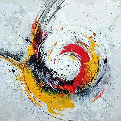 Плакат Желто-красная абстракция на сером фоне №64