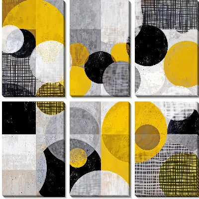 Модульная картина Черно-белая абстракция с серыми и желтыми кругами