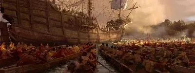 Плакат Гребцы в лодках у корабля (Rowers in the boats of the ship)