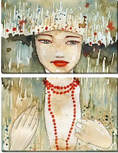 Модульная картина Девушка с красными бусами (Girl with red beads)