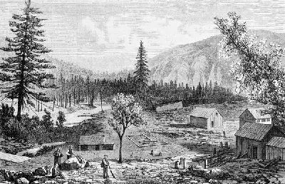 Плакат Строительство поселка в горах (Construction of the village in the mountains)