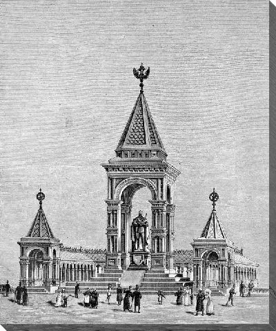 Постер Памятник на пьедестале возле здания (Monument on a pedestal near the building)