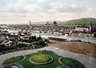 Плакат "Историческая серия 1890-1900 гг. ""Фотографии Италии"" - Городской вид в сторону собора, Флоренция (Cityscape view looking toward cathedral, Florence)"