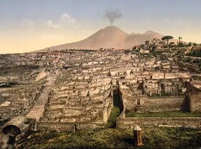 Плакат "Историческая серия 1890-1900 гг. ""Фотографии Италии"" - Вид на Везувий в Помпеи (General view and Vesuvius, Pompeii)"