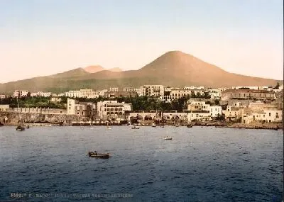 Плакат "Историческая серия 1890-1900 гг. ""Фотографии Италии"" - Везувий (Mount Vesuvius, with Torre de Creco)"