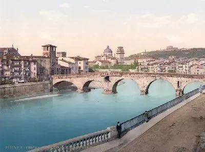 Плакат "Историческая серия 1890-1900 гг. ""Фотографии Италии"" - Каменный мост (Stone bridge and San Giorgia)"