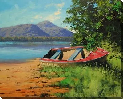 Картина маслом Красная лодка у озера