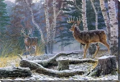Картина маслом Олени в зимнем лесу