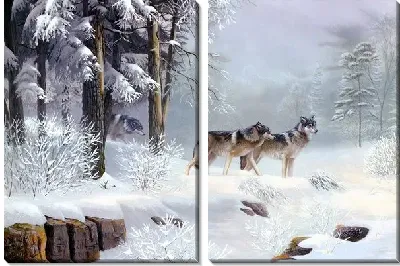 Модульная картина Волки в зимнем лесу