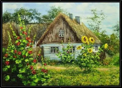 Картина Подсолнухи возле деревенского дома