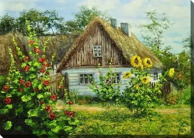 Картина маслом Подсолнухи возле деревенского дома