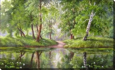 Картина маслом Деревья на берегу пруда