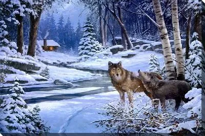 Картина маслом Волки в зимнем лесу №2