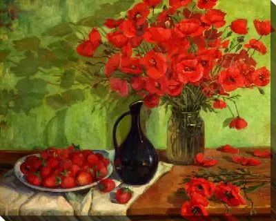Картина маслом Натюрморт с маками и клубникой
