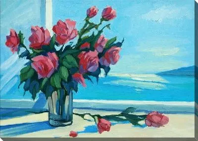 Картина маслом Букет роз на подоконнике