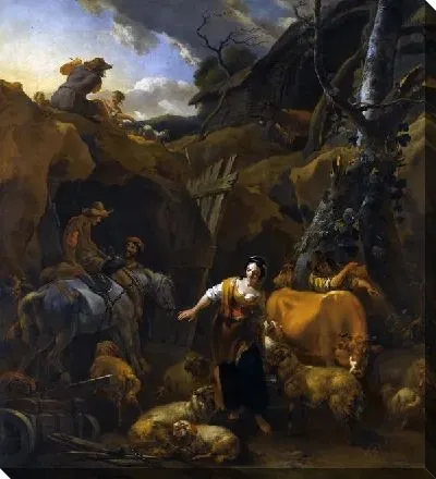 Картина Горный пейзаж с дояркой и другими фигурами