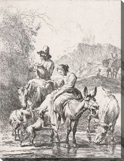 Картина Пастушка на осле и пастух на лошади