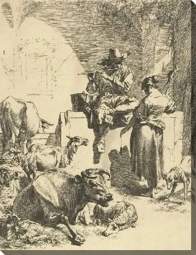 Картина Пастух с флейтой и пастушка с прялкой