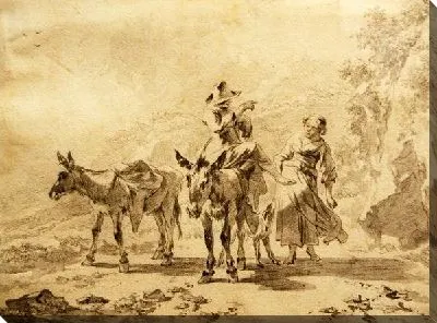 Картина маслом Пастух на осле и пастушка рядом