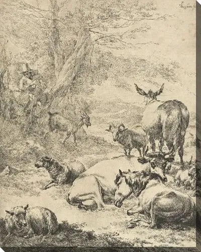 Картина маслом Пастух и отдыхающее стадо