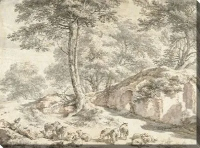 Картина маслом Пастух и овцы на пустыре между деревьями