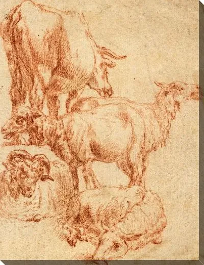 Картина маслом Четыре овцы и корова