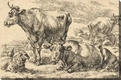 Картина маслом Стадо домашних животных и доярка