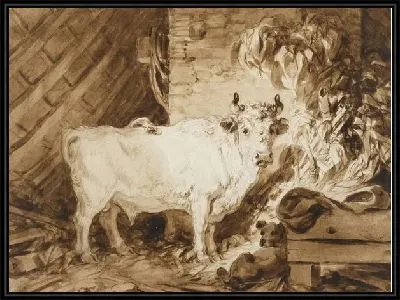 Белый бык и собака в хлеву