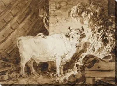 Белый бык и собака в хлеву