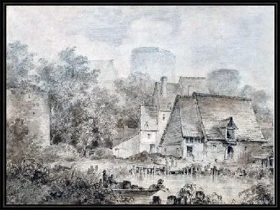 Картина Прибрежная деревня на фоне отдалённой башни