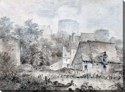 Картина Прибрежная деревня на фоне отдалённой башни