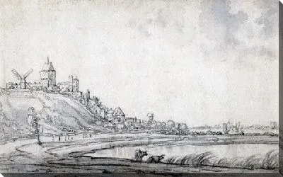 Картина Небольшой городок на холме над рекой