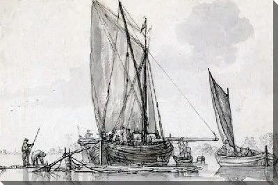 Картина Вид на реку с шлюпом и плотом