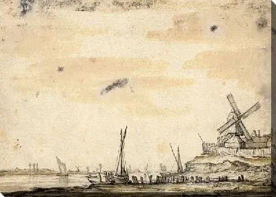 Картина Деревня с мельницами на берегу реки