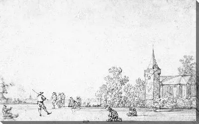 Картина Зимний пейзаж с конькобежцами и церковью