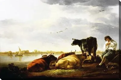Картина Пастух с коровами на берегу реки