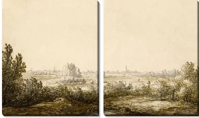 Картина Пейзаж с низкими деревьями и церковью вдали