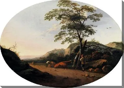 Картина Пейзаж с пастухом и коровами