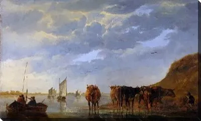 Картина Пейзаж с пастухом и стадом у реки