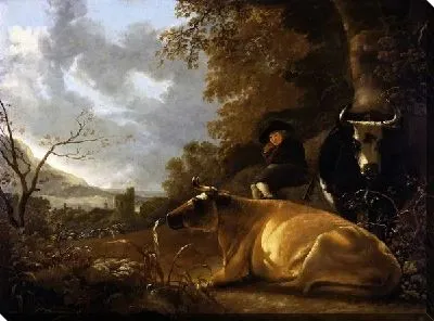 Картина Пейзаж с пастушком и коровами