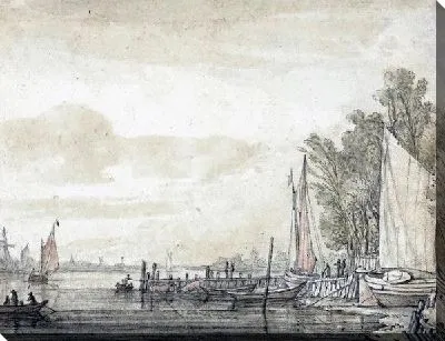 Картина Речной пейзаж с лодочной пристанью