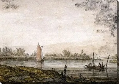 Картина Речной пейзаж со сценой рыбалки