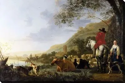 Картина Холмистый речной пейзаж с всадником, говорящим с пастушкой