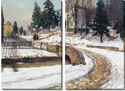 Картина Зимний пейзаж с домом за мостом