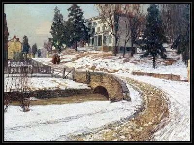Зимний пейзаж с домом за мостом